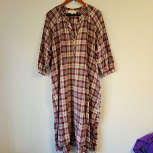 THE GREAT. Plaid Cotton Midi Shirtdress Blue Maroon Size 2/M Pockets Classic